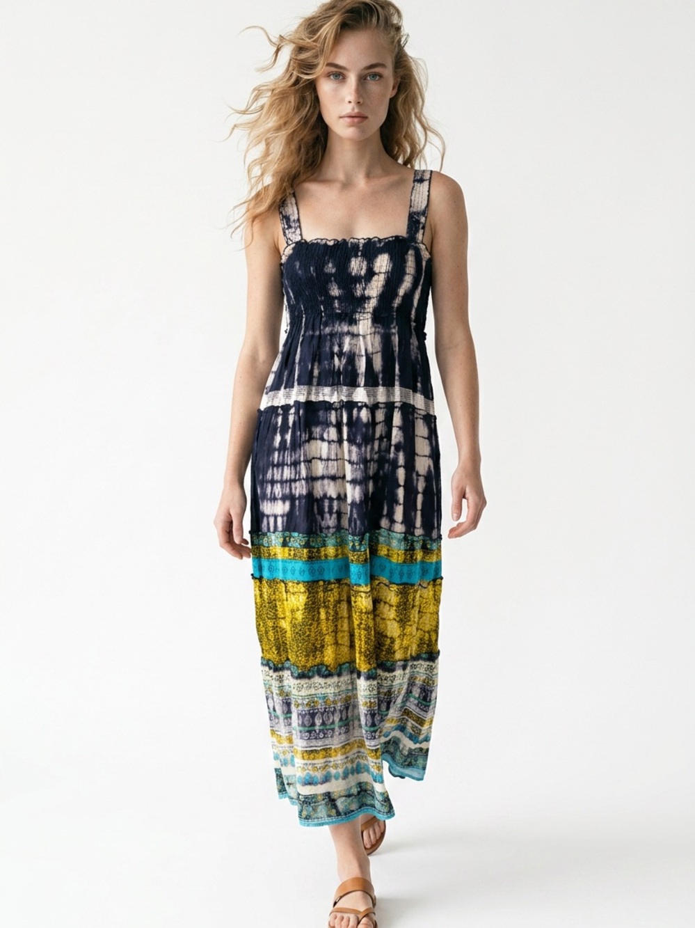 CHAUDRY KC | NEW Bohemian Tie-Dye Maxi Dress Blues & Yellow Women’s Size Medium